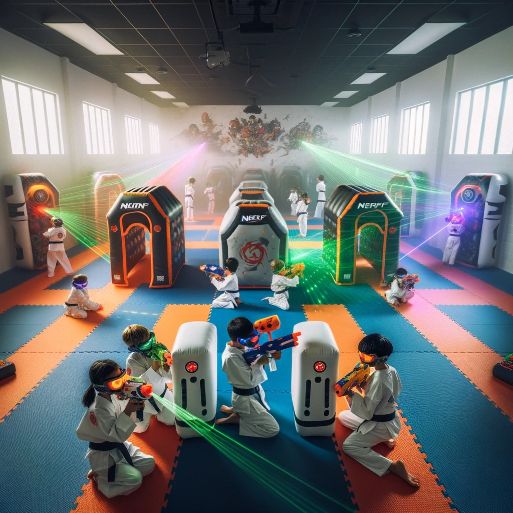 A-martial-arts-dojo-with-a-Nerf-war-setup.-The-room-features-pristine-white-walls-and-is-filled-with-soft-martial-arts-mats-on-the-floor.-Kids