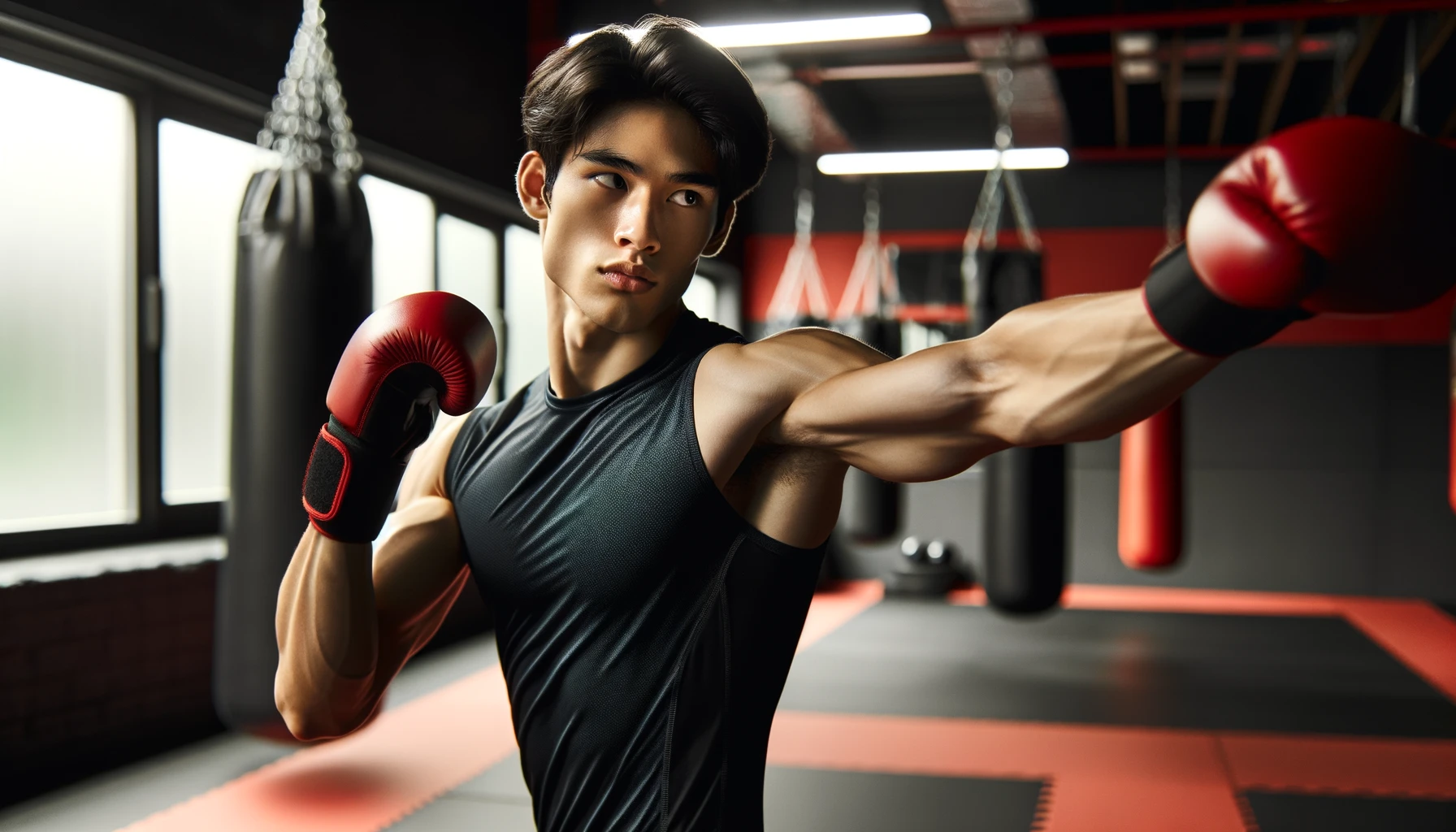 DALL·E 2023-11-21 12.07.25 - A full-body portrait of a young South Asian male in a martial arts gym, dynamically posed with his arm extended as if delivering a punch. He wears a s
