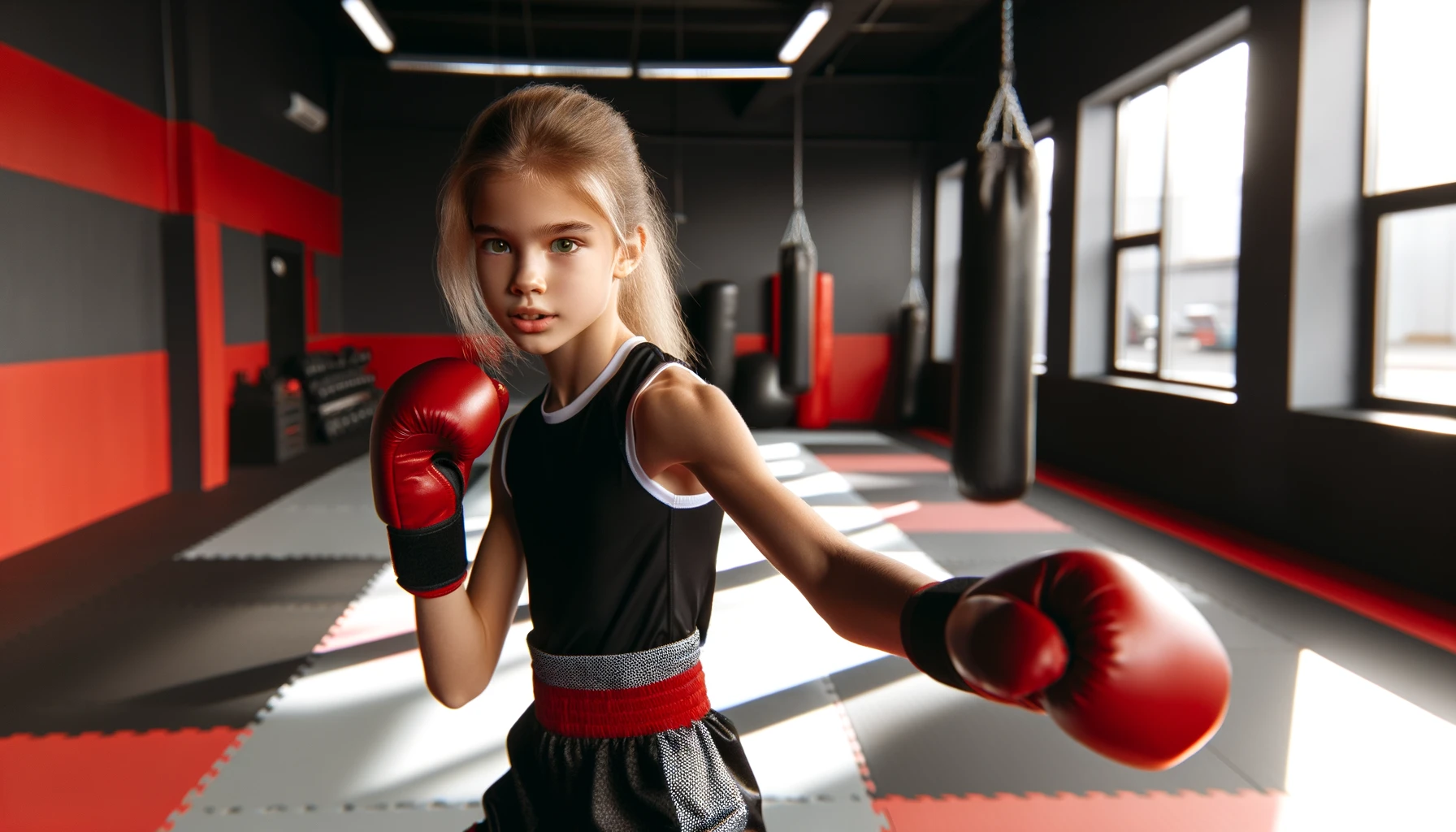 DALL·E 2023-11-21 12.19.16 - A full-body portrait of a young Caucasian girl, around 10 years old, with blonde hair, in a martial arts gym. She is in a dynamic boxing pose with her