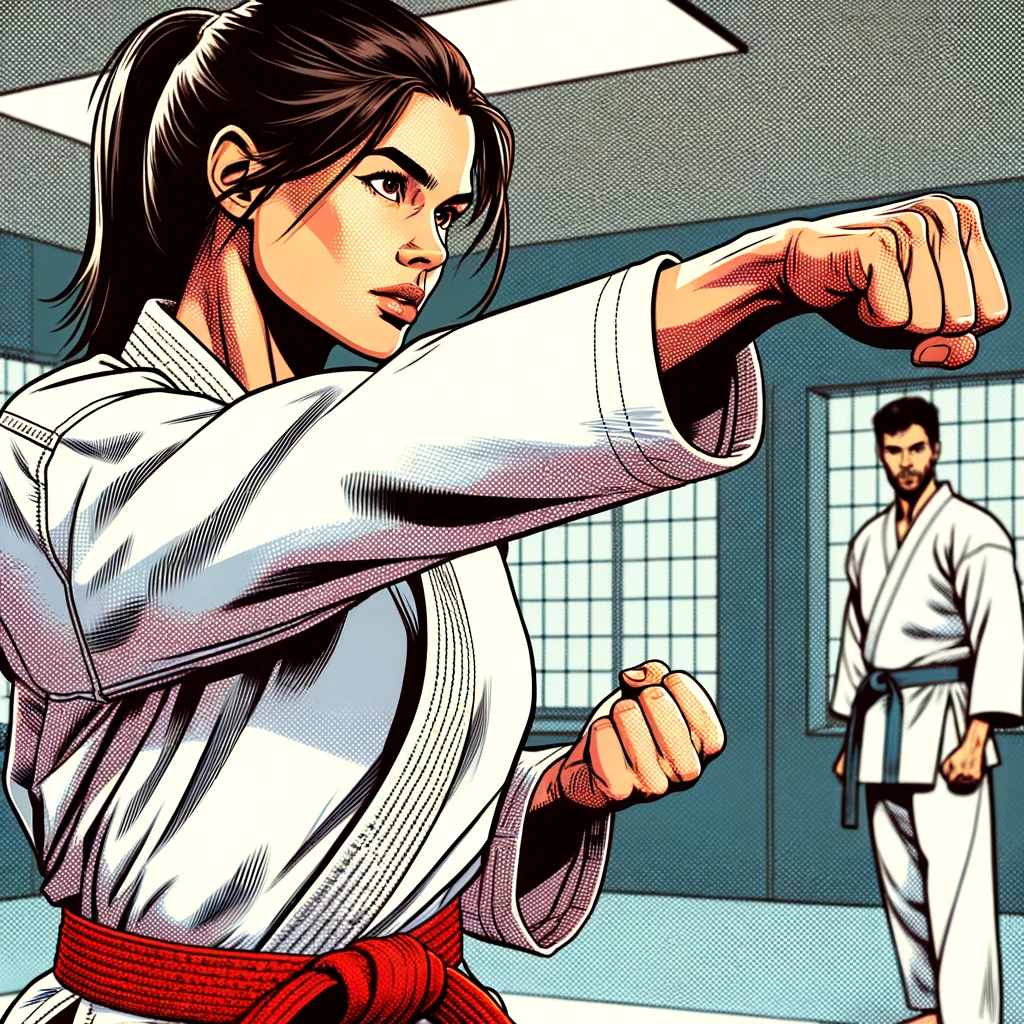 a-comic-book-style-of-a-martial-arts-training-scene-in-a-dojo.-In-the-foreground-a-woman-with-an-athletic-build-is-wearing-a-white