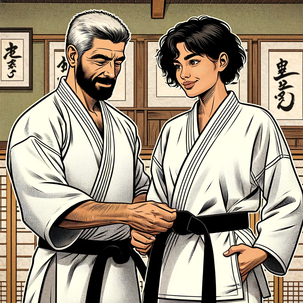 A-comic-book-style-illustration-set-in-a-karate-dojo.-The-scene-includes-two-adults-a-karate-sensei-and-a-student.-The-sensei-a-Hispanic