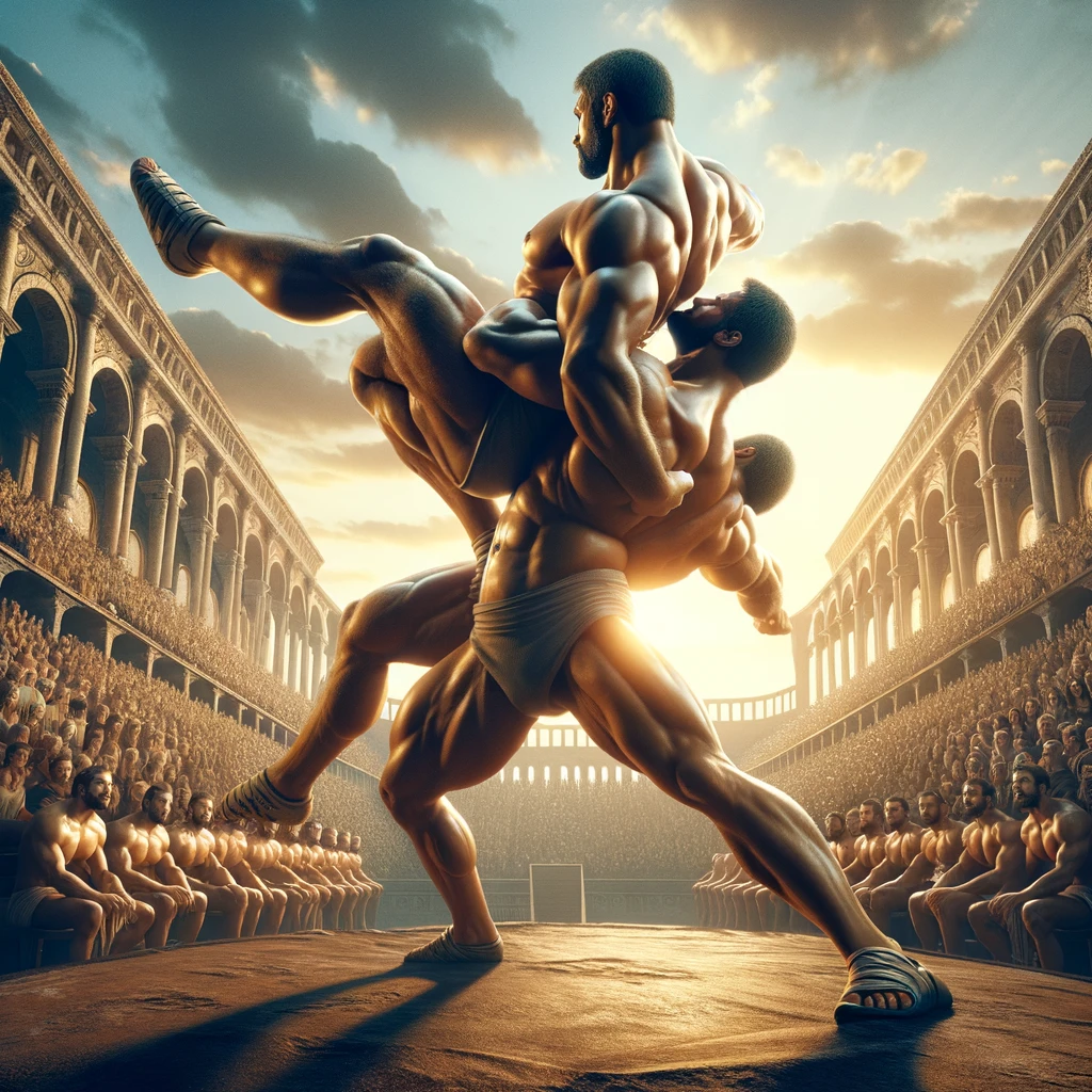A-majestic-scene-of-wrestling-in-an-ancient-Greco-Roman-style-arena.-The-wrestlers-are-muscular-and-engaged-in-a-dynamic-pose-showcasing-their-streng