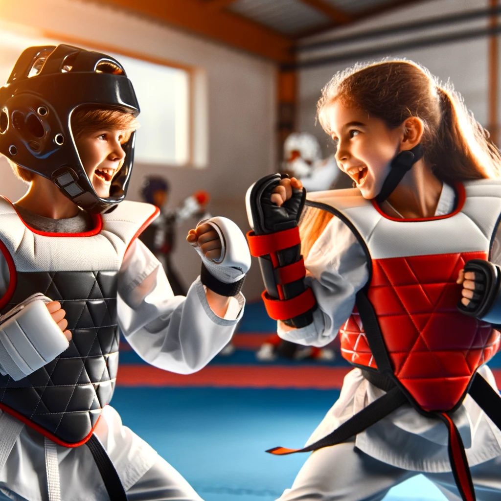 A-dynamic-and-exciting-scene-of-a-young-boy-and-girl-engaged-in-a-Taekwondo-sparring-match.-Both-children-around-10-12-years-old-are-fully-equipped