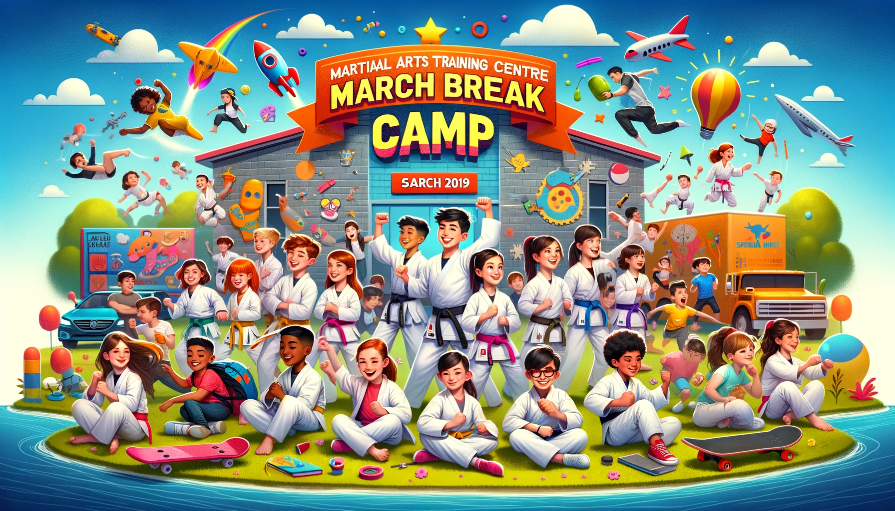 A vibrant and engaging background banner for a martial arts training centre's website, advertising a March Break Camp. The image should feature a dive