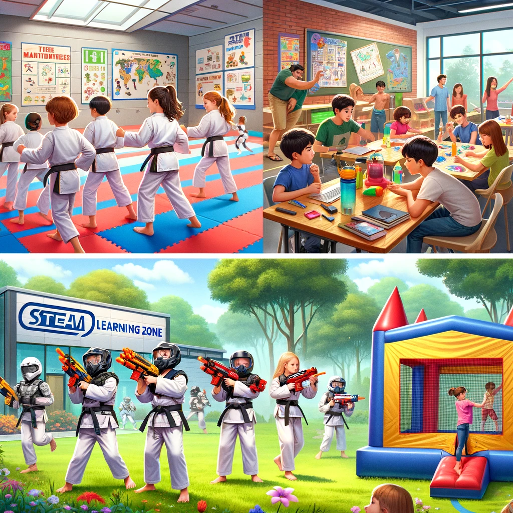 A-more-realistic-and-detailed-image-of-a-camp-program-designed-for-kids-featuring-a-variety-of-activities.-The-scene-includes-a-martial-arts-training