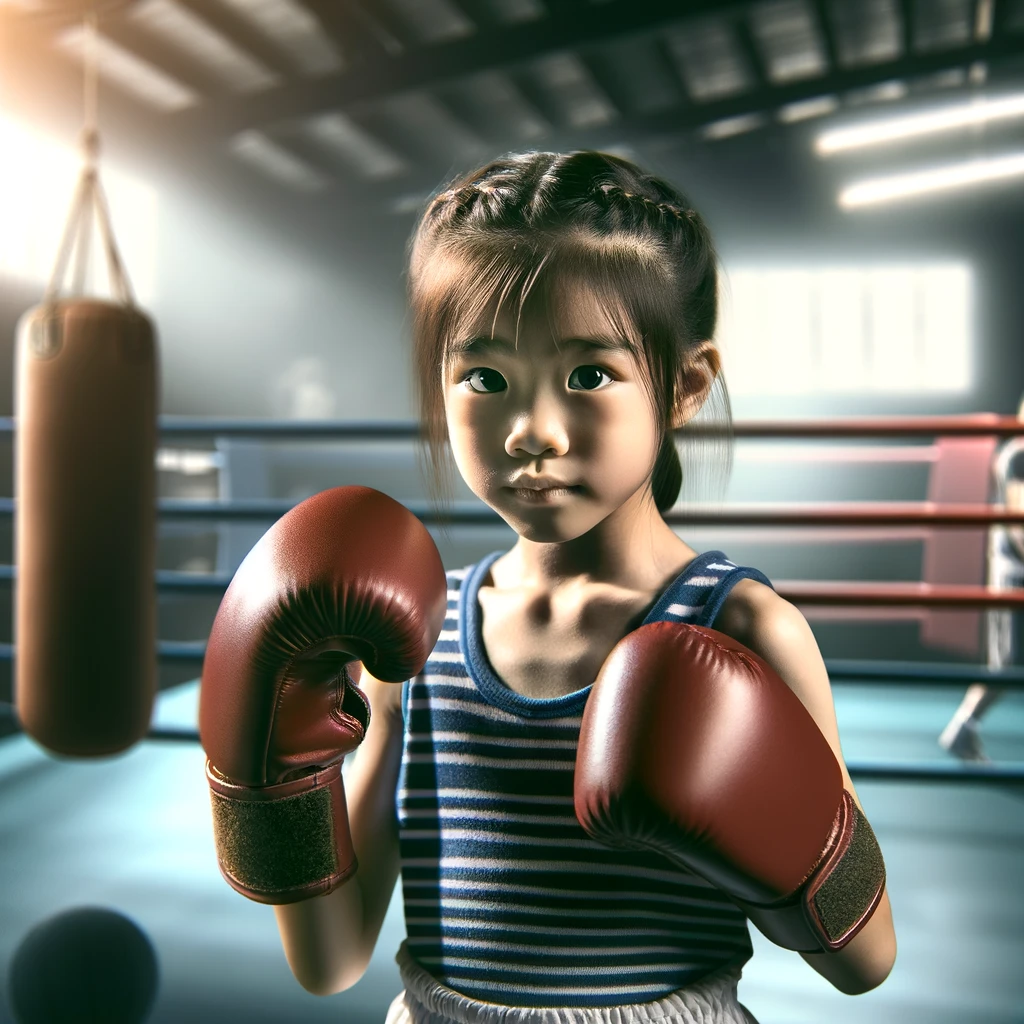 A realistic image of a young Asian female child wearing boxing gloves and attire, in a boxing stance. The background is a blurred gym setting, with hi.png