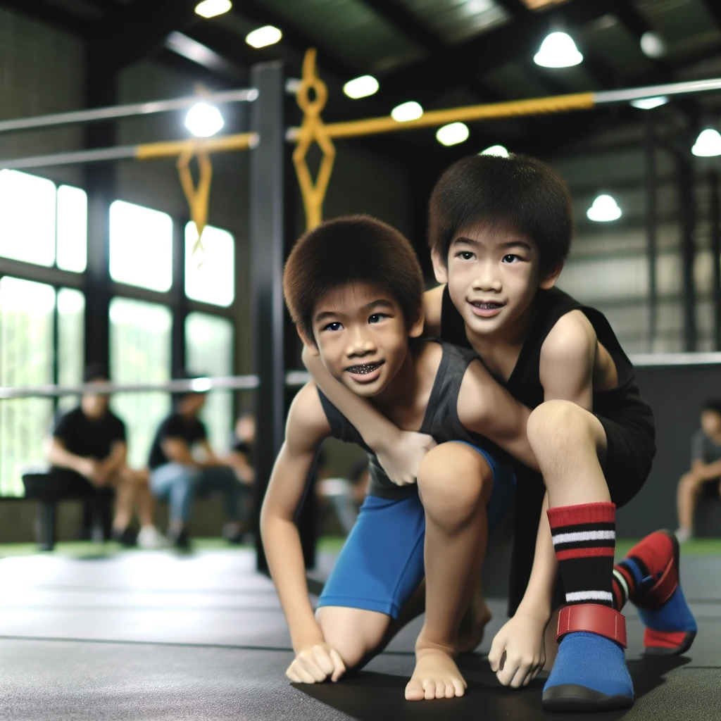  two Asian kids wrestling in a gym environment, in focus with a blurry gym background.png