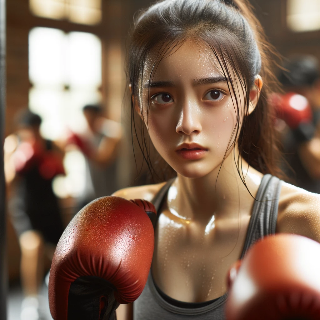 realistic photo of a young Chinese girl sweating while throwing punches in a boxing class, with an out of focus background and an intense expression.png