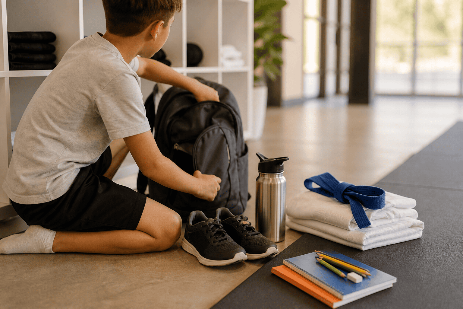 Backpack, water bottle, martial arts uniform, and school supplies ready for after-school martial arts