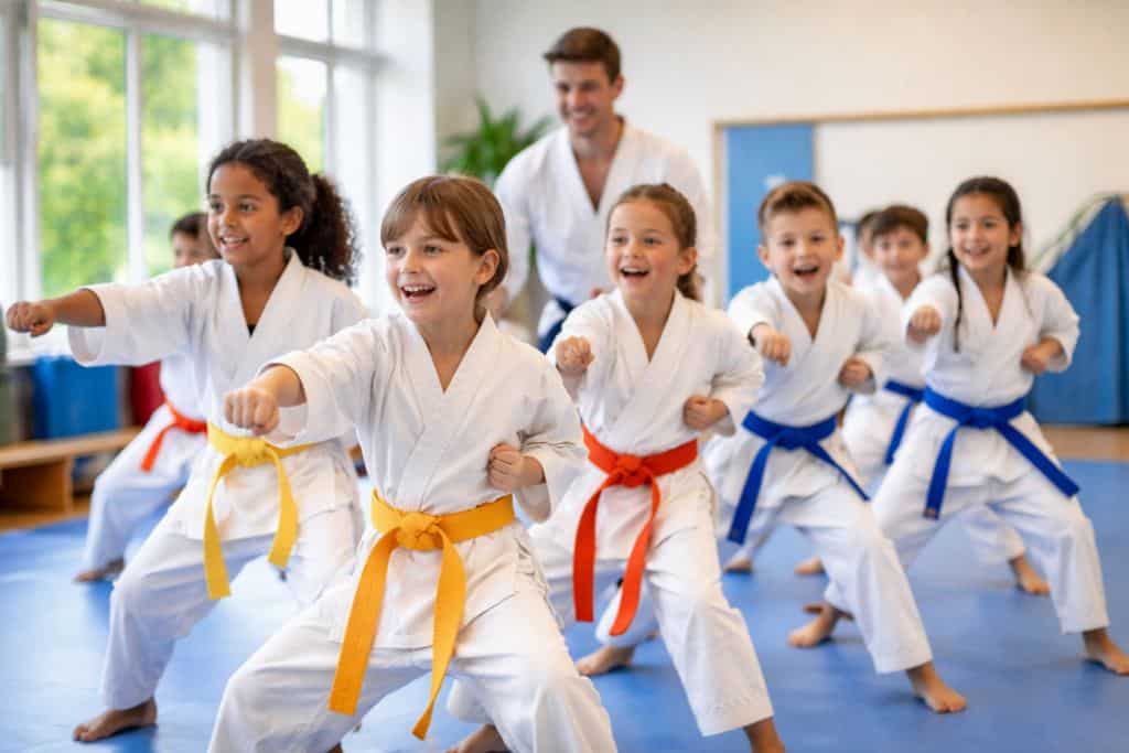 Kids practicing martial arts in a bright classroom during March Break camp with instructor guiding