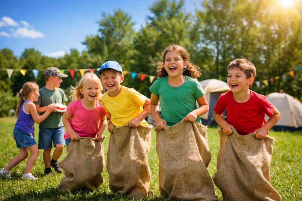 Children enjoying an outdoor martial arts summer camp, kicking and jumping on a sunny day