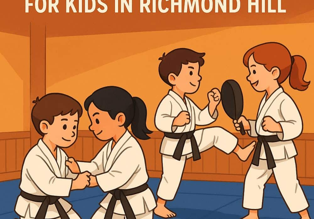 Illustration of children practicing martial arts in evening classes at TMATC building character, confidence, and resilience in Richmond Hill