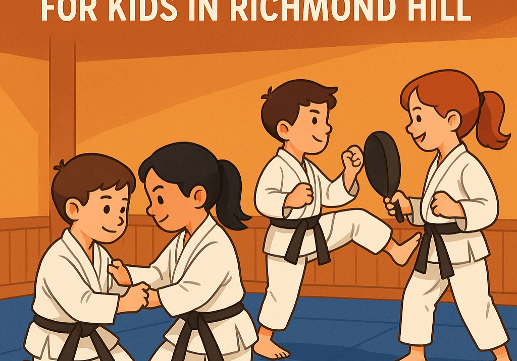 Illustration of children practicing martial arts in evening classes at TMATC building character, confidence, and resilience in Richmond Hill